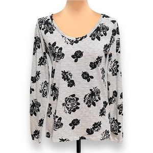 3/$30 LOFT Floral Striped Long Sleeve Tee Top Black White S/Small Cotton T-Shirt